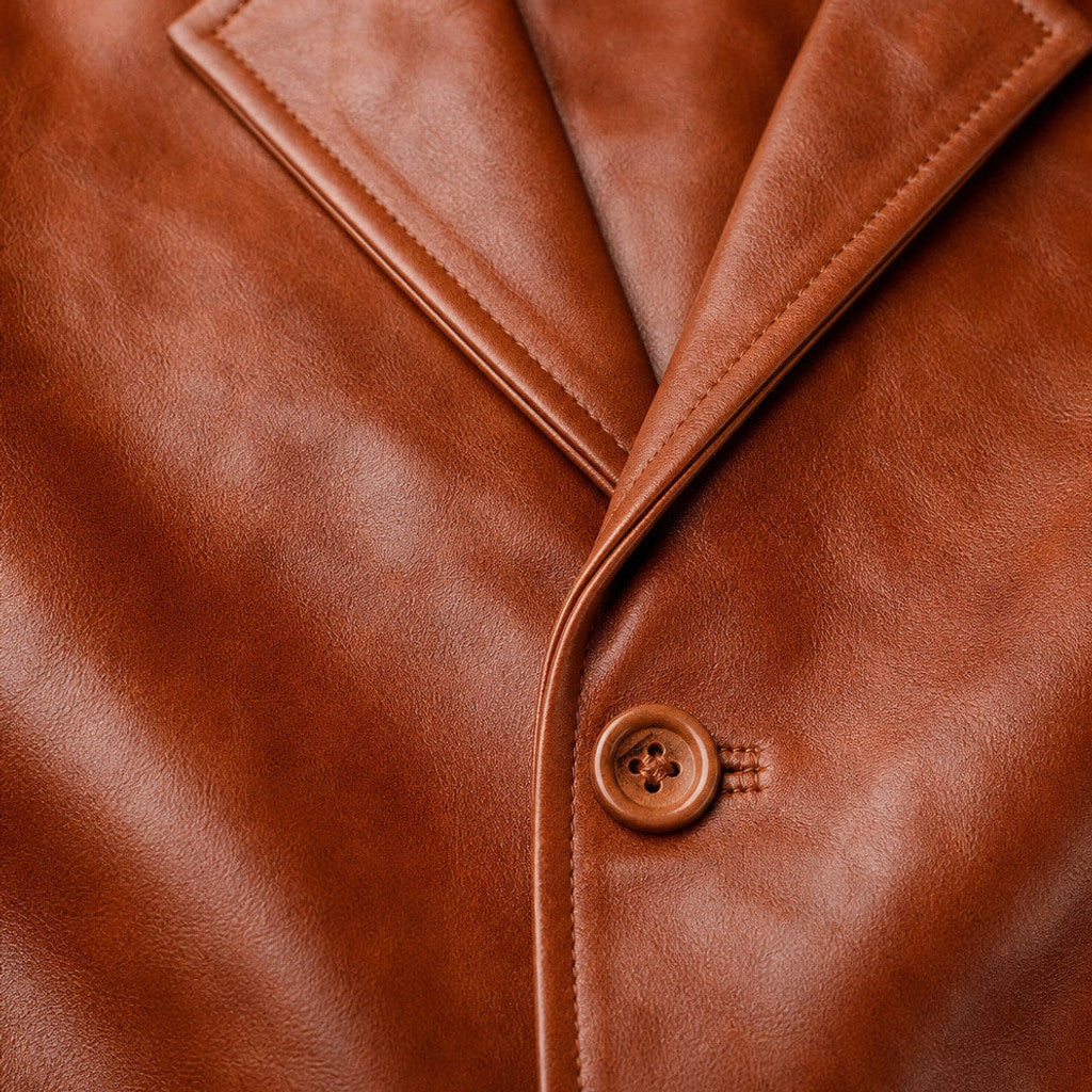 Rookwell | Leather Pea Coat Notch Lapel Brown Brown – Fabric and Detail Close-Up