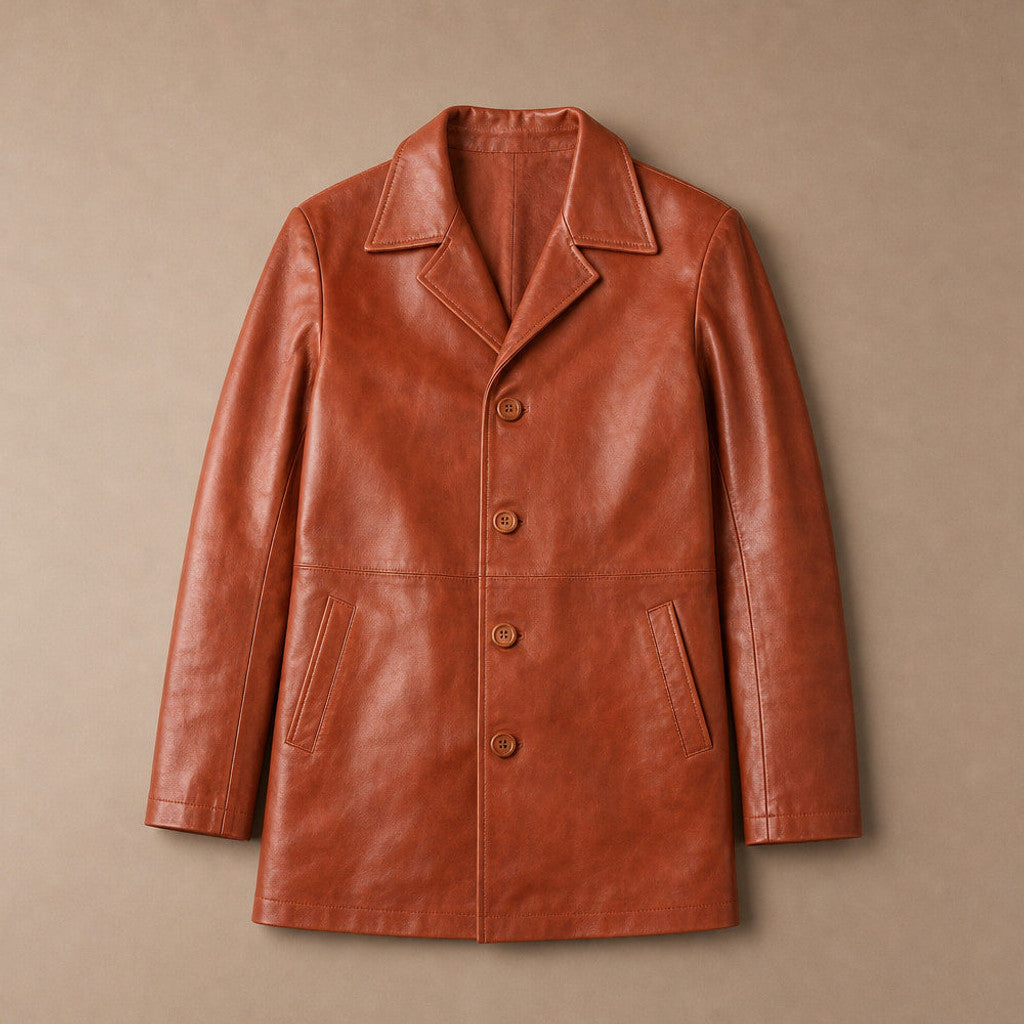 Rookwell | Leather Pea Coat Notch Lapel Brown Brown – Flat Lay Product Photo
