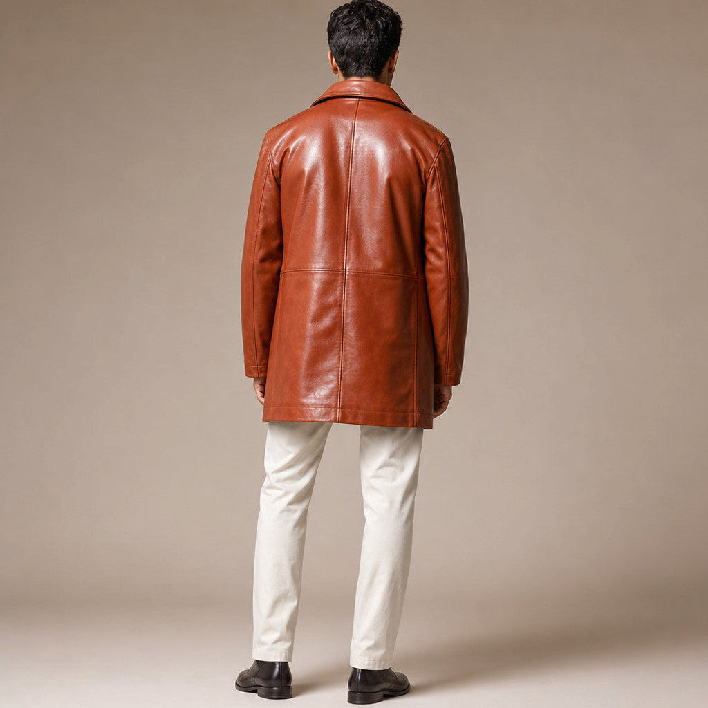 Rookwell | Leather Pea Coat Notch Lapel Brown Brown – Full Look