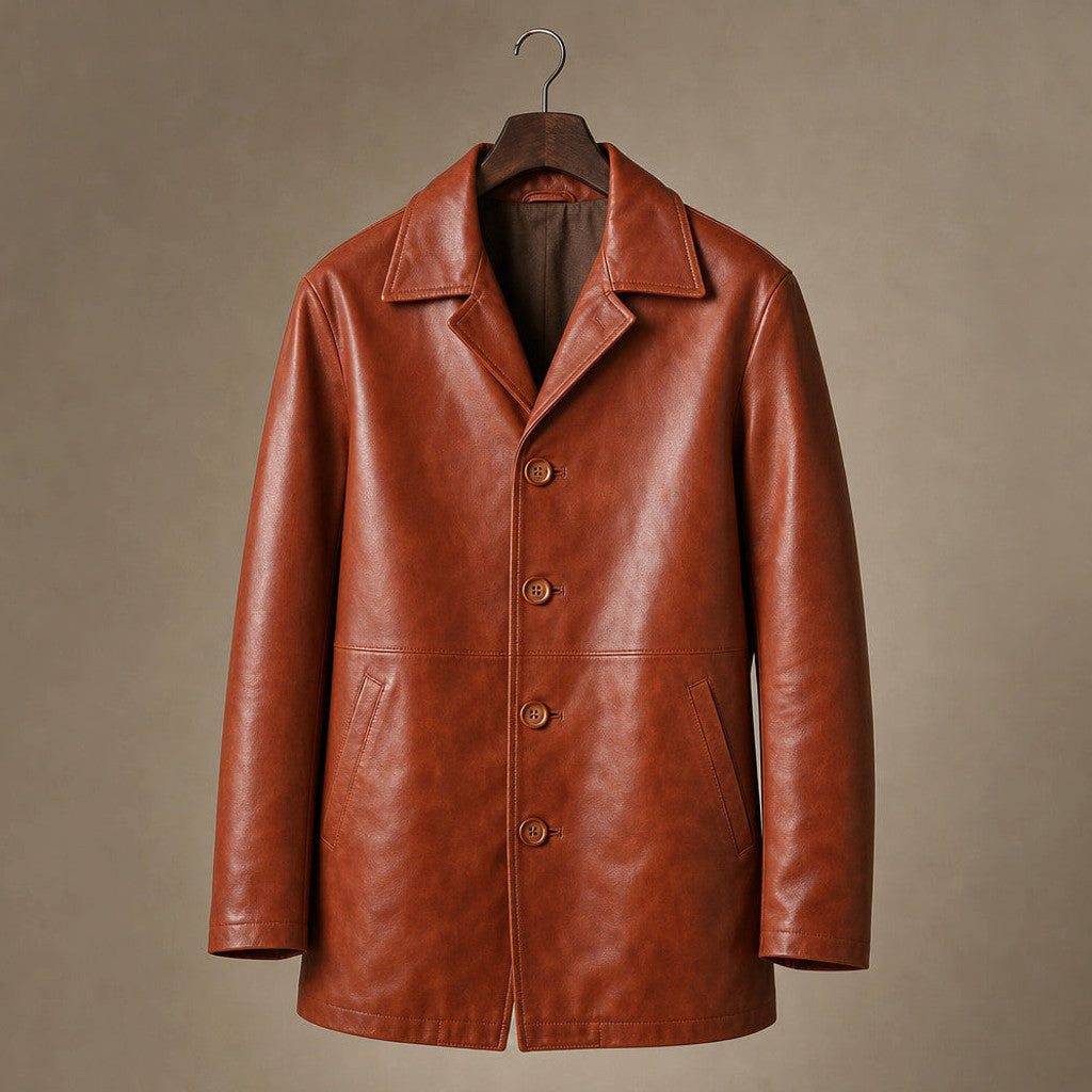 Rookwell | Leather Pea Coat Notch Lapel Brown Brown – Product Photo