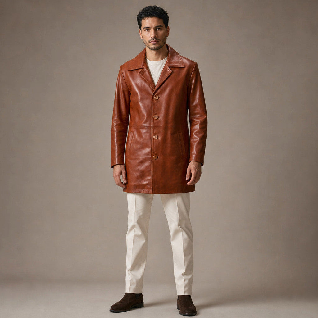 Rookwell | Leather Pea Coat Notch Lapel Brown in Brown – Premium Editorial