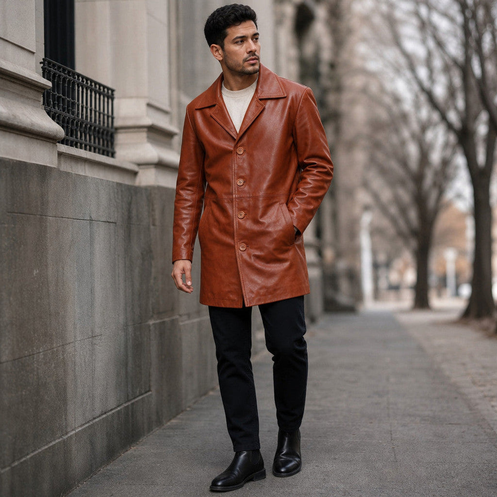 Rookwell | Leather Pea Coat Notch Lapel Brown Brown – Styled Editorial Shot