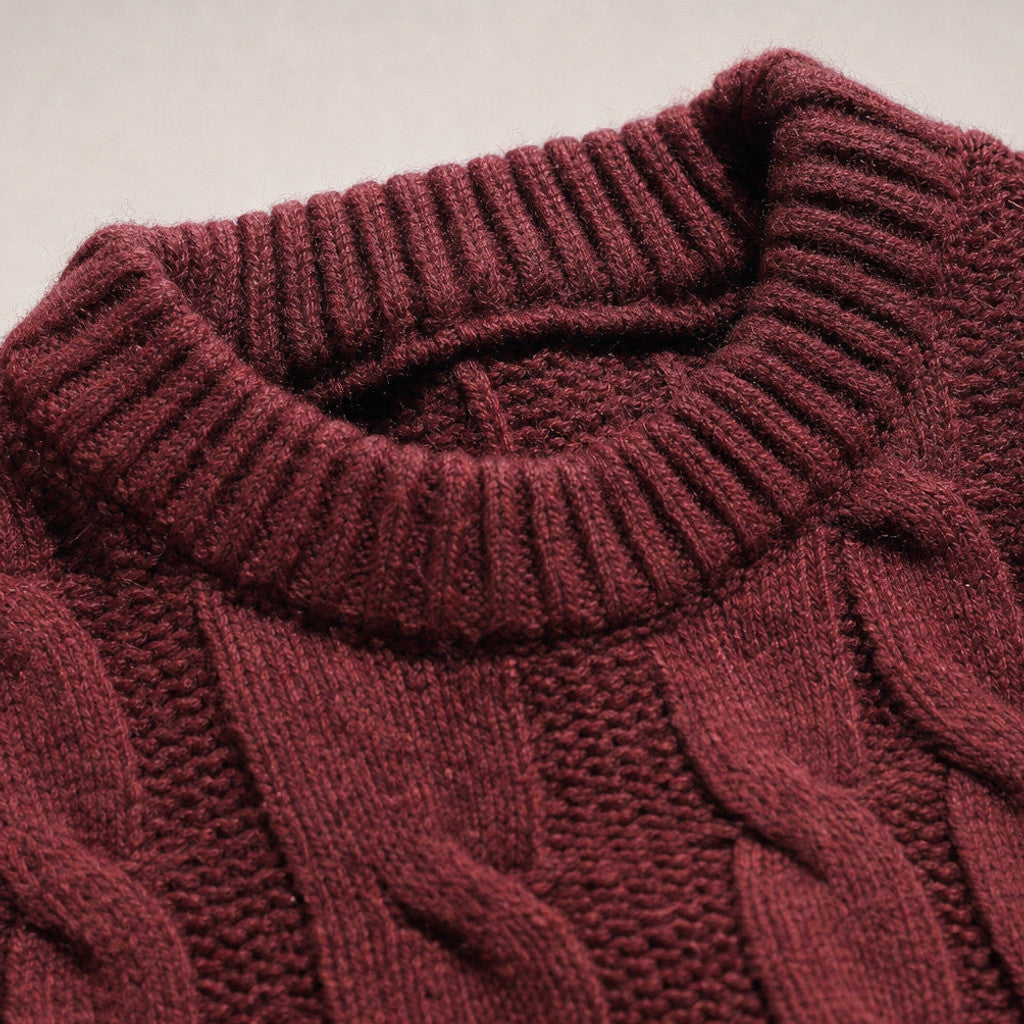 Rothwell | Cable Knit Jumper Heavy Gauge Maroon – Fabric and Detail Close-Up