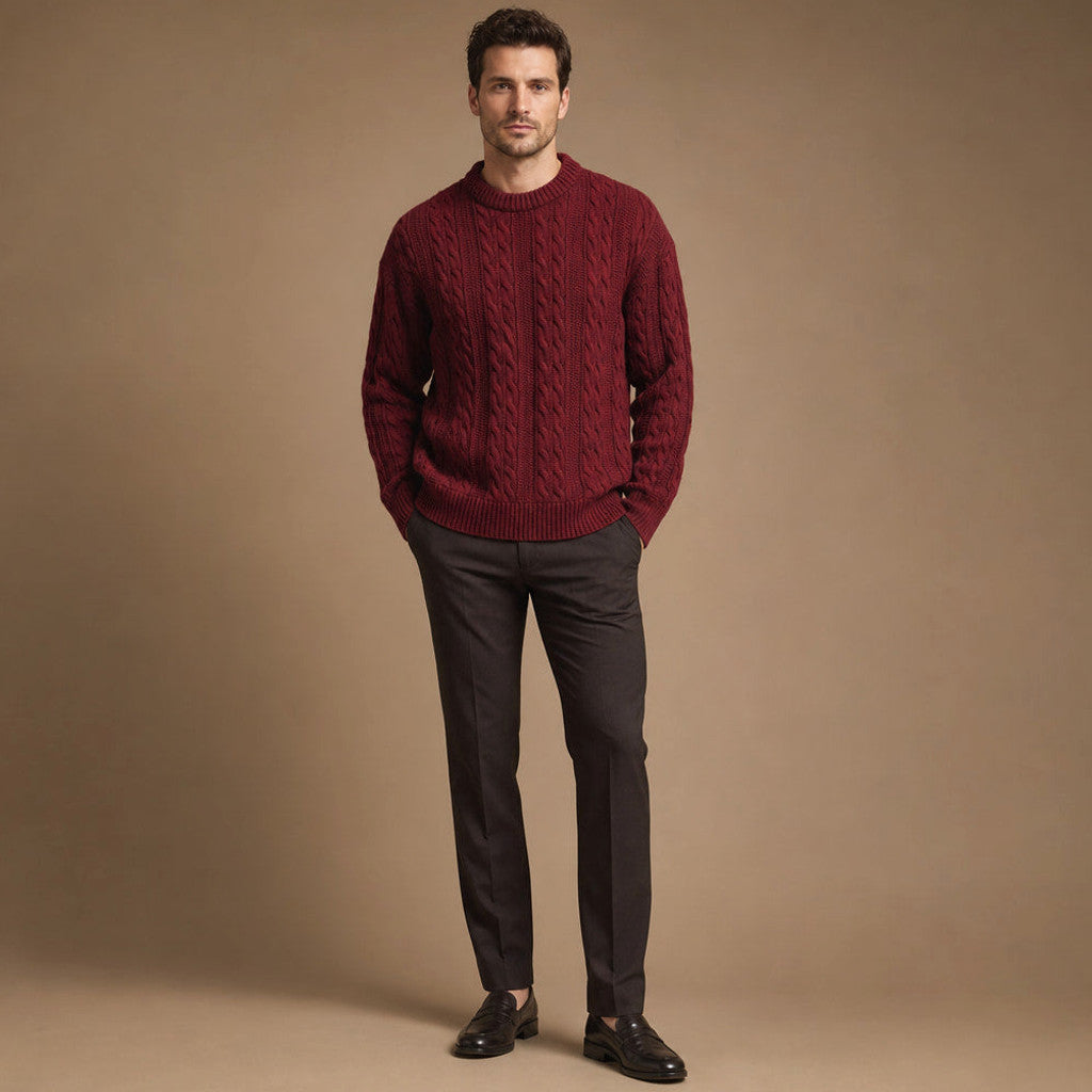 Rothwell | Cable Knit Jumper Heavy Gauge Maroon – Full Look