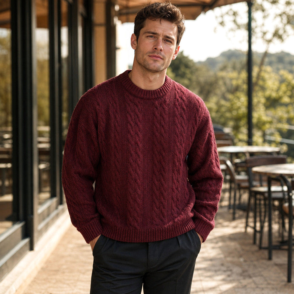 Rothwell | Cable Knit Jumper Heavy Gauge Maroon – Styled Editorial Shot