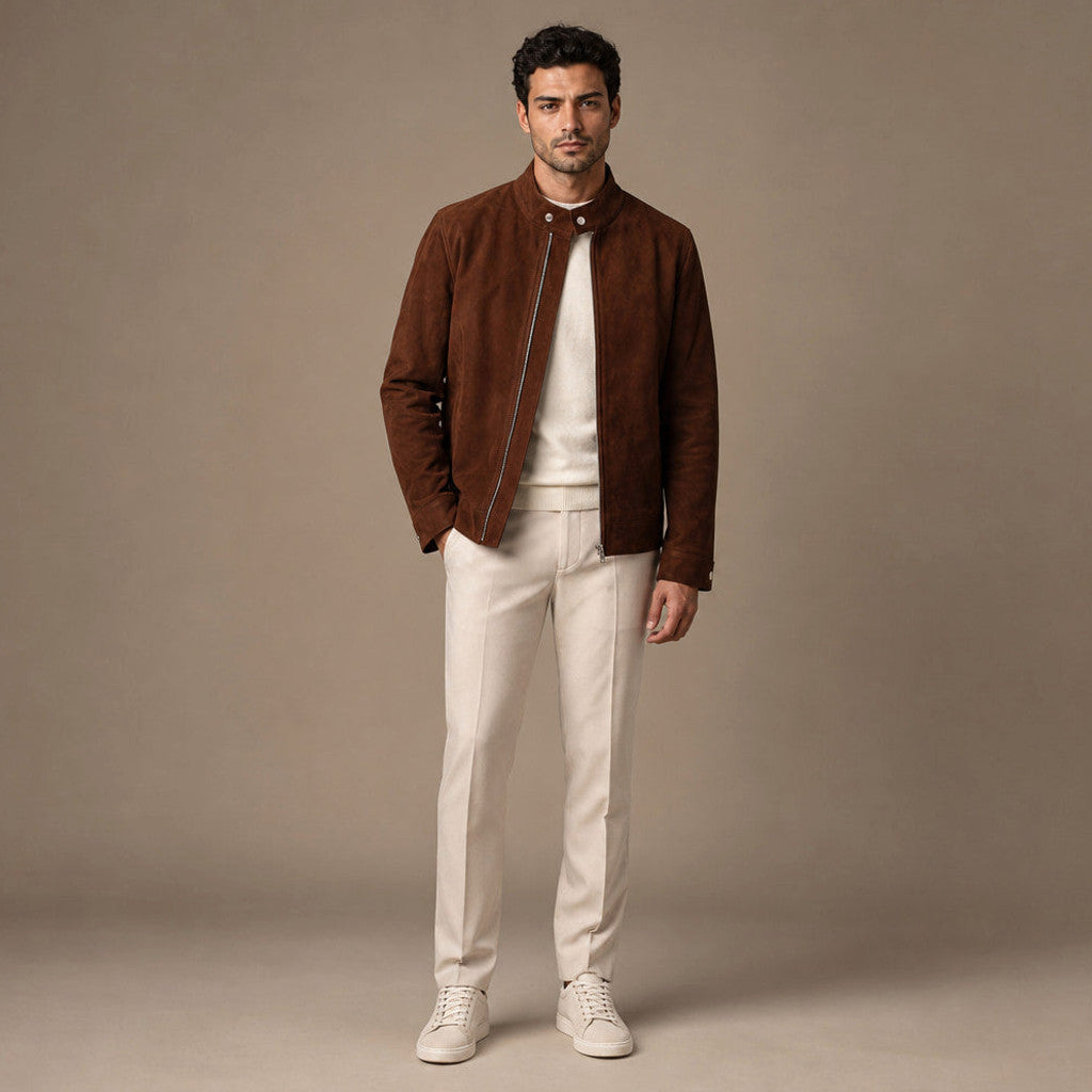 Rowden | Suede Bomber Jacket Snap Collar Dark Brown – Product Photo