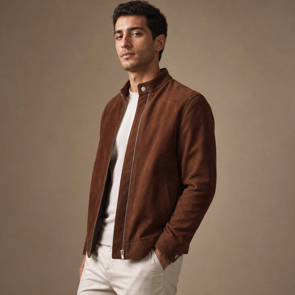 Rowden | Suede Bomber Jacket Snap Collar Dark Brown – Product Photo