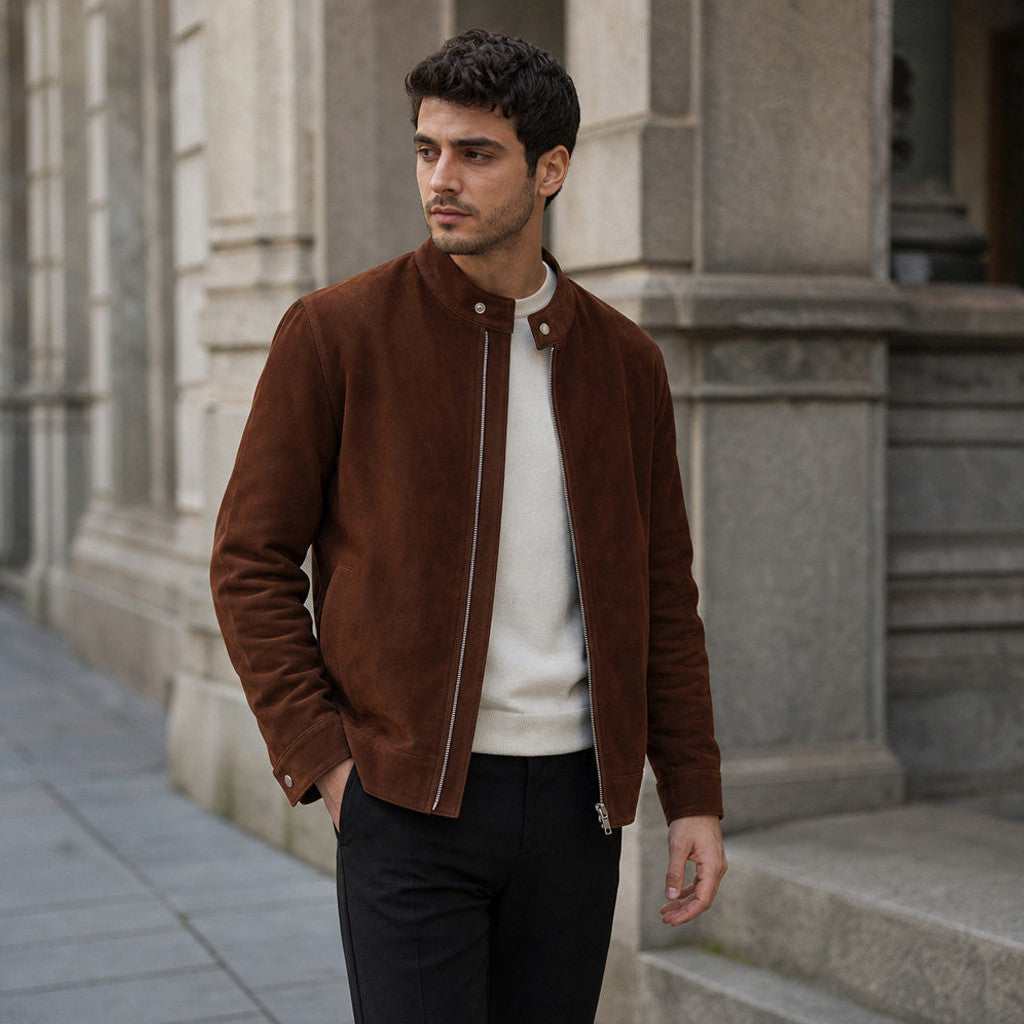 Rowden | Suede Bomber Jacket Snap Collar Dark Brown – Product Photo