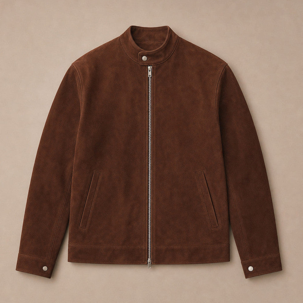 Rowden | Suede Bomber Jacket Snap Collar Dark Brown – Flat Lay Product Photo