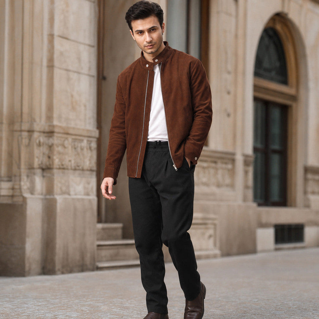 Rowden | Suede Bomber Jacket Snap Collar Dark Brown – Styled Editorial Shot
