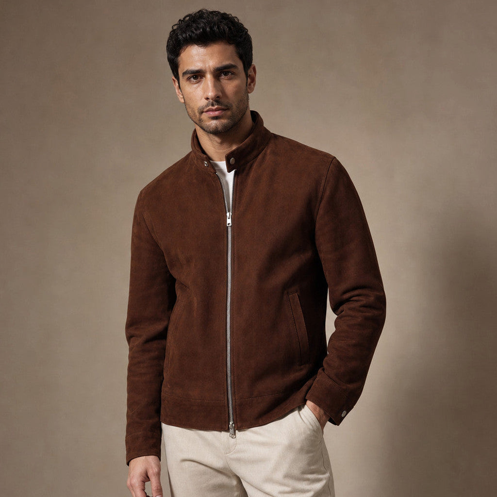 Rowden | Suede Bomber Jacket Snap Collar Dark Brown – Product Photo