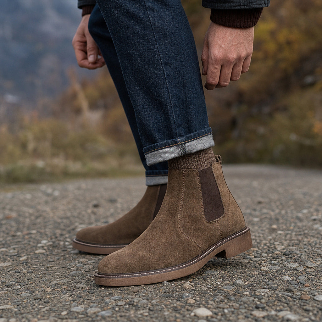 Suede Chelsea Boot Gum Sole Camel – Side Angle View
