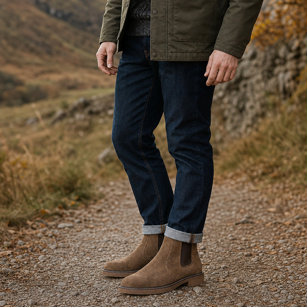 Suede Chelsea Boot Gum Sole Camel – Full Look