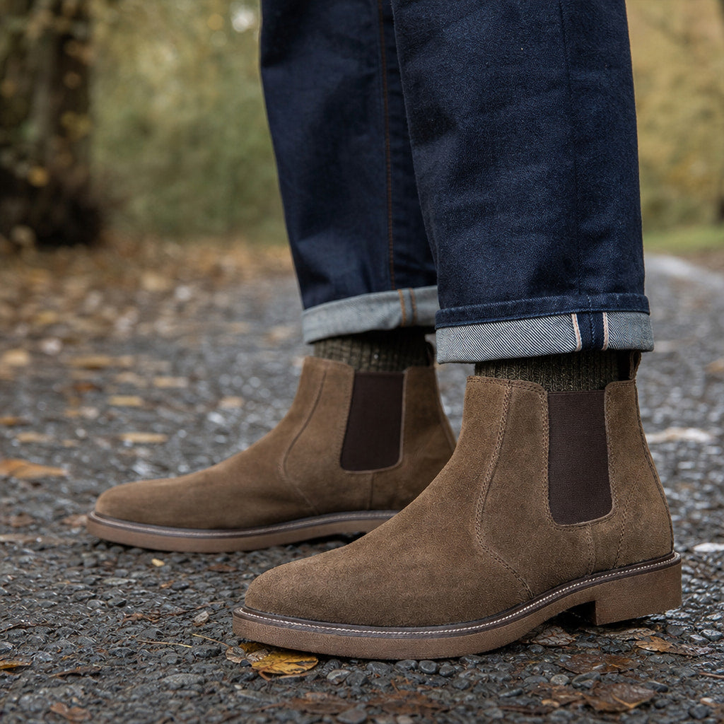 Suede Chelsea Boot Gum Sole Camel – Styled Editorial Shot