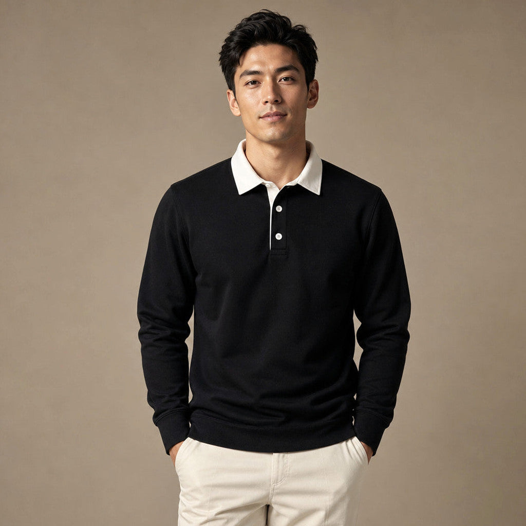 Salvo | Rugby Shirt Contrast Collar Brushed Jersey Black – Product Photo
