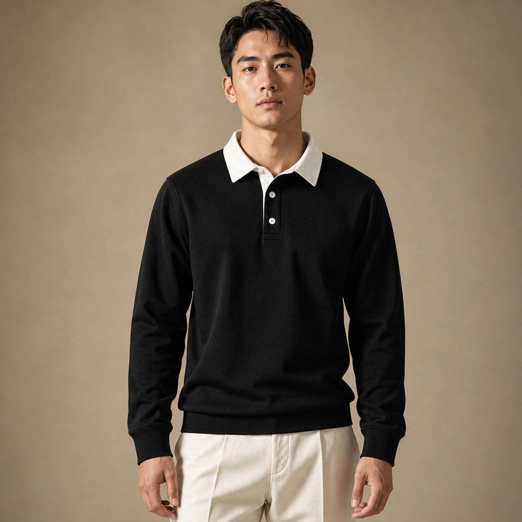 Salvo | Rugby Shirt Contrast Collar Brushed Jersey in Black – Premium Editorial