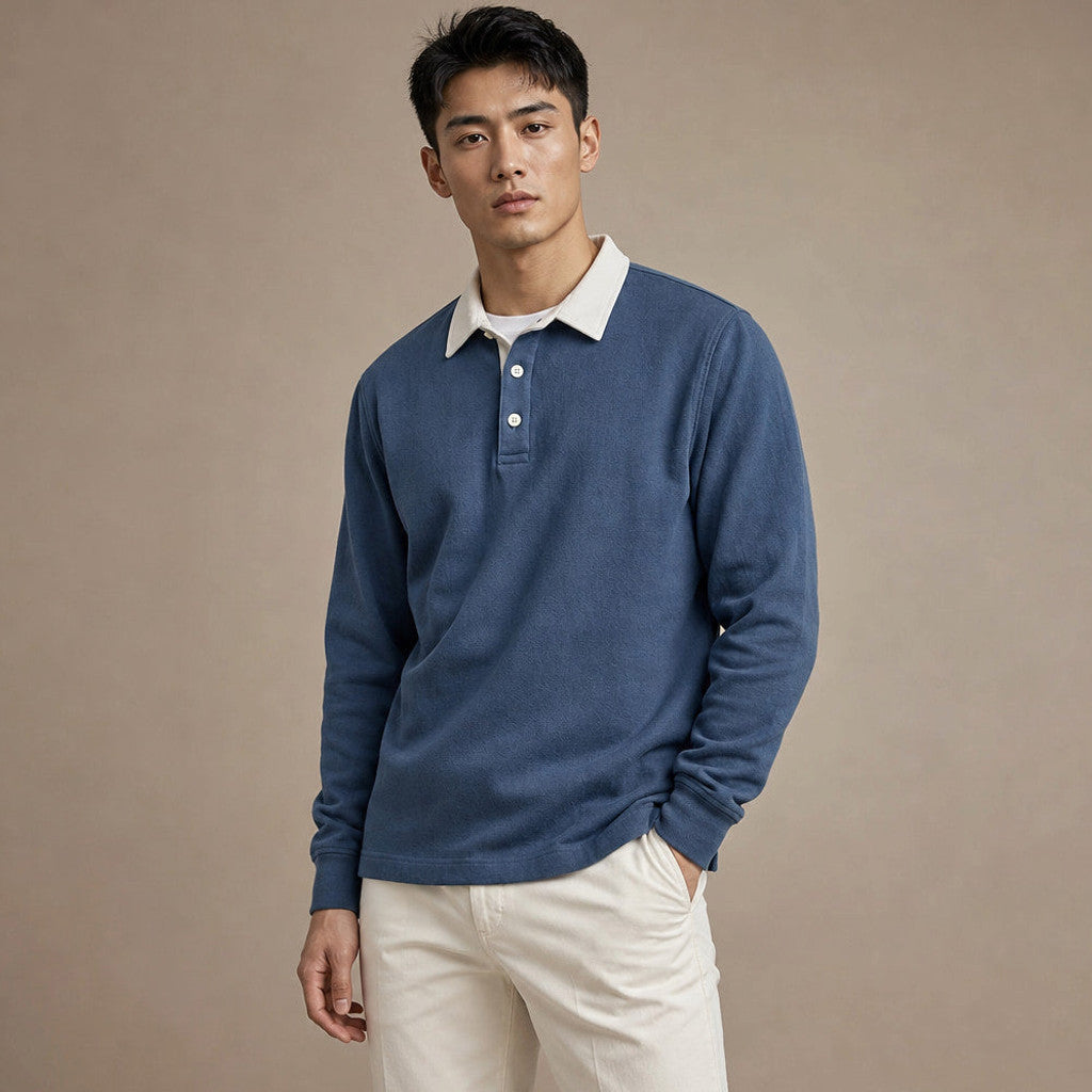 Salvo | Rugby Shirt Contrast Collar Brushed Jersey Blue – Side Angle View