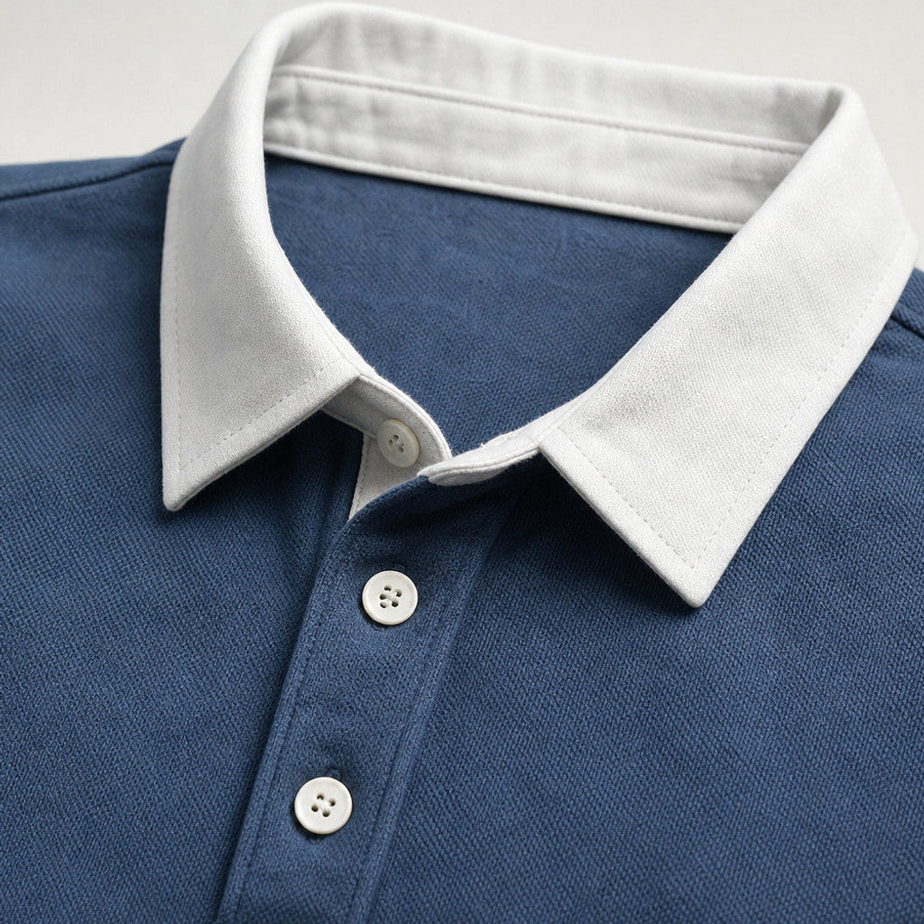 Salvo | Rugby Shirt Contrast Collar Brushed Jersey Blue – Fabric and Detail Close-Up