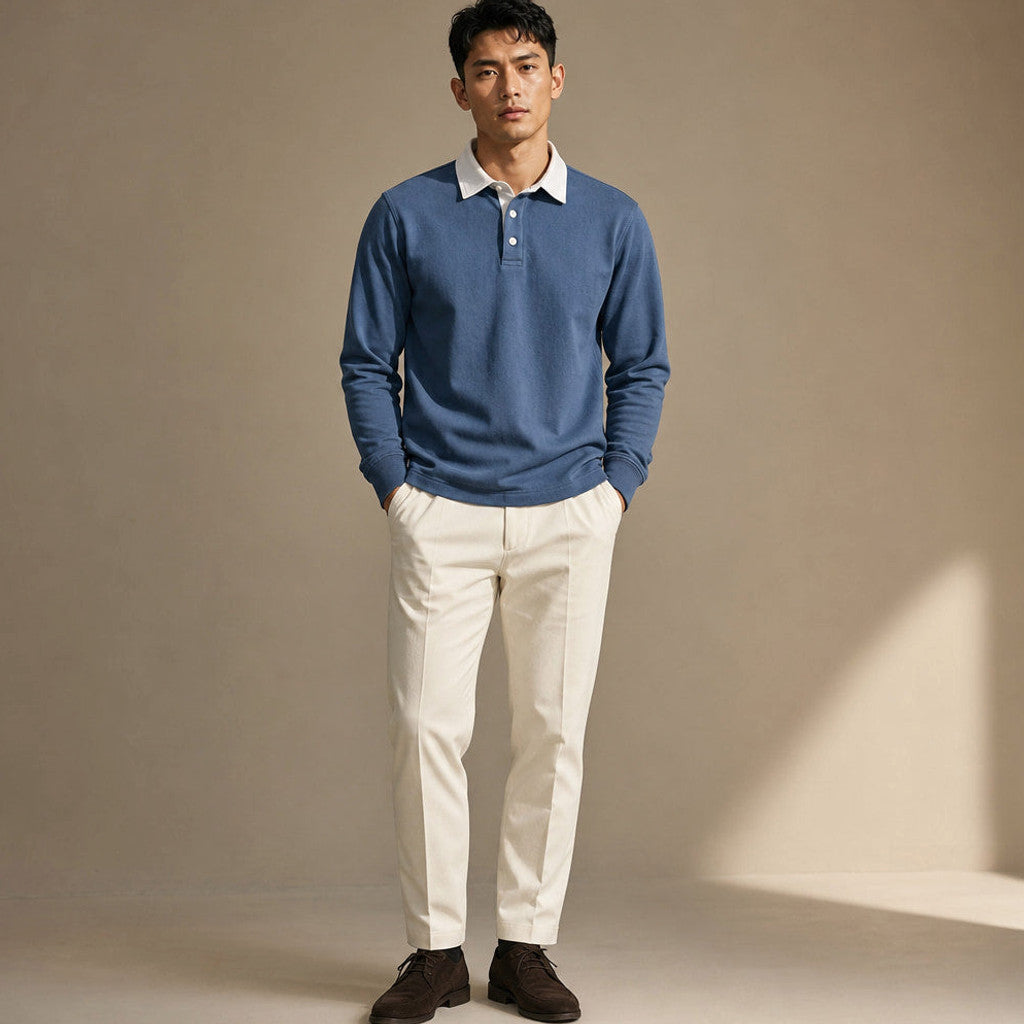 Salvo | Rugby Shirt Contrast Collar Brushed Jersey Blue – Full Look