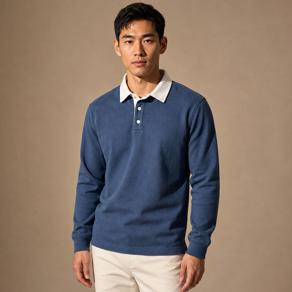 Salvo | Rugby Shirt Contrast Collar Brushed Jersey in Blue – Premium Editorial