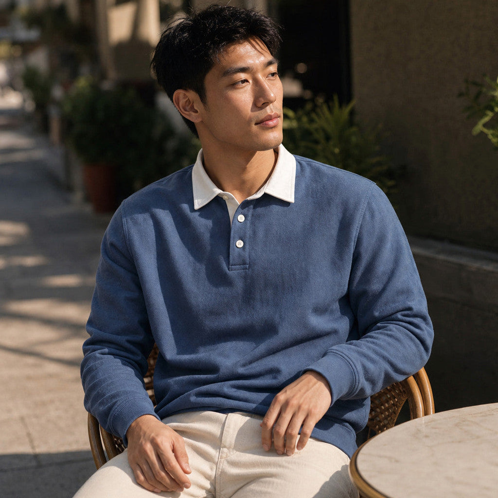 Salvo | Rugby Shirt Contrast Collar Brushed Jersey Blue – Styled Editorial Shot