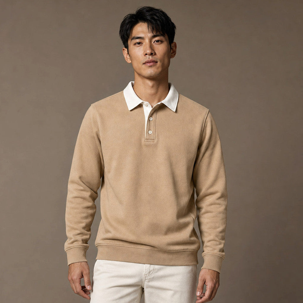 Salvo | Rugby Shirt Contrast Collar Brushed Jersey in Khaki – Premium Editorial