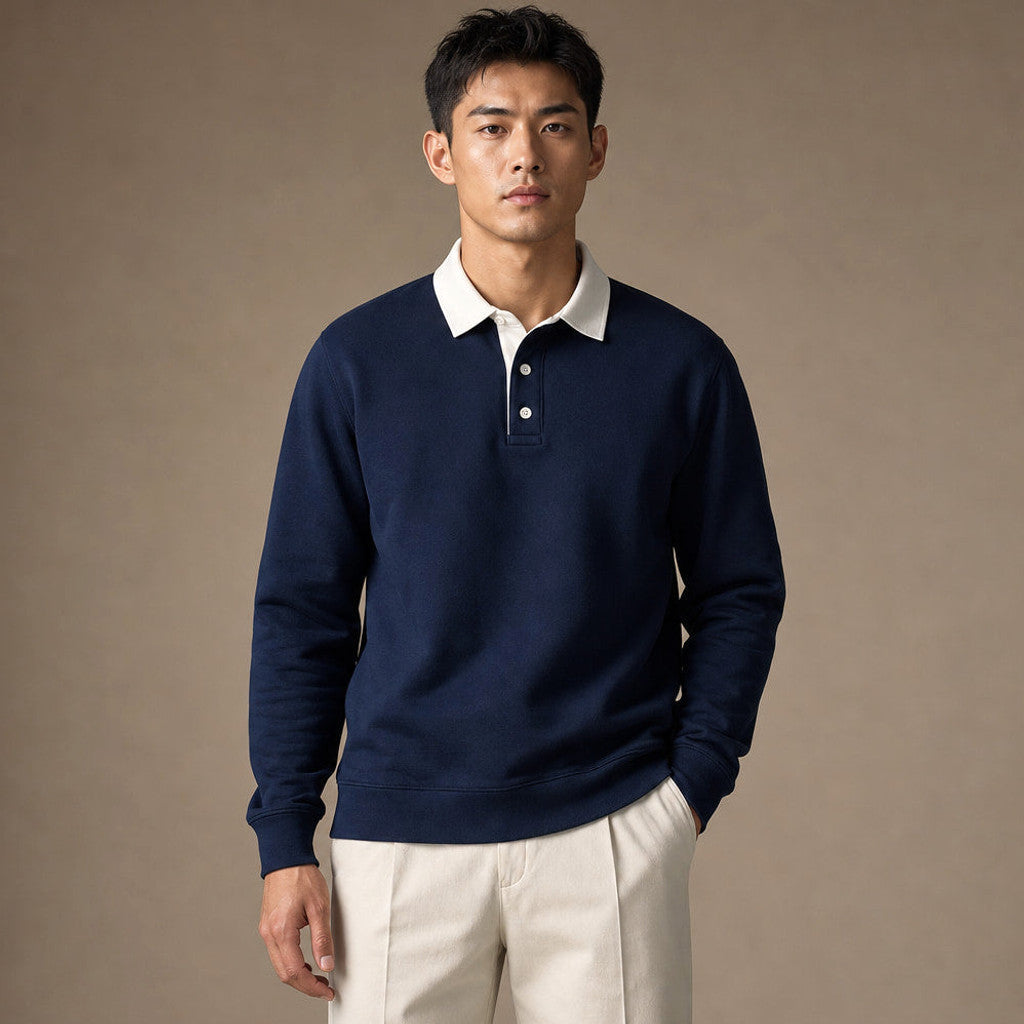 Salvo | Rugby Shirt Contrast Collar Brushed Jersey in Navy – Premium Editorial