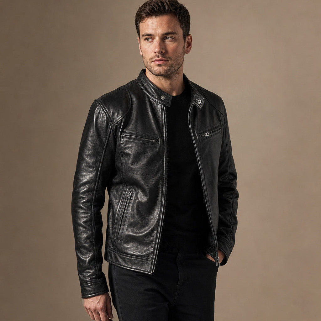 Samson | Leather Jacket Slim Fit Stand Collar Black – Side Angle View