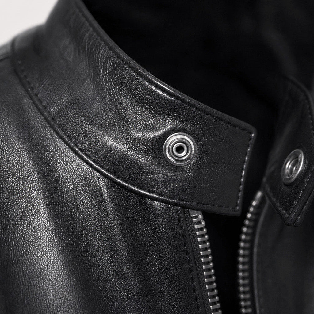 Samson | Leather Jacket Slim Fit Stand Collar Black – Fabric and Detail Close-Up