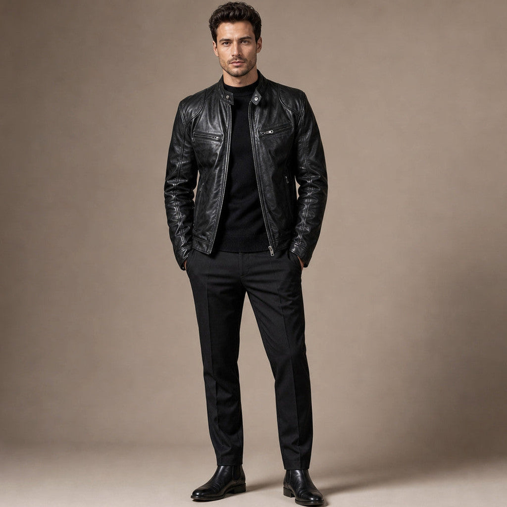 Samson | Leather Jacket Slim Fit Stand Collar Black – Full Look