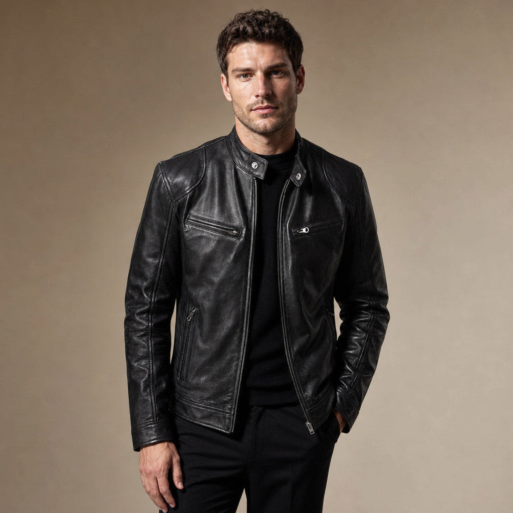Samson | Leather Jacket Slim Fit Stand Collar Black – Product Photo