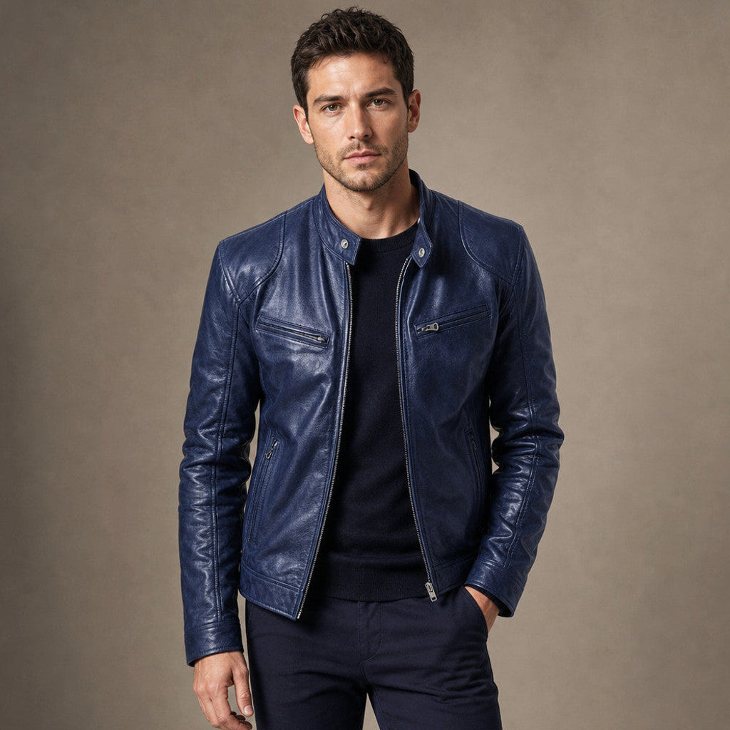 Samson | Leather Jacket Slim Fit Stand Collar in Dark Blue – Premium Editorial