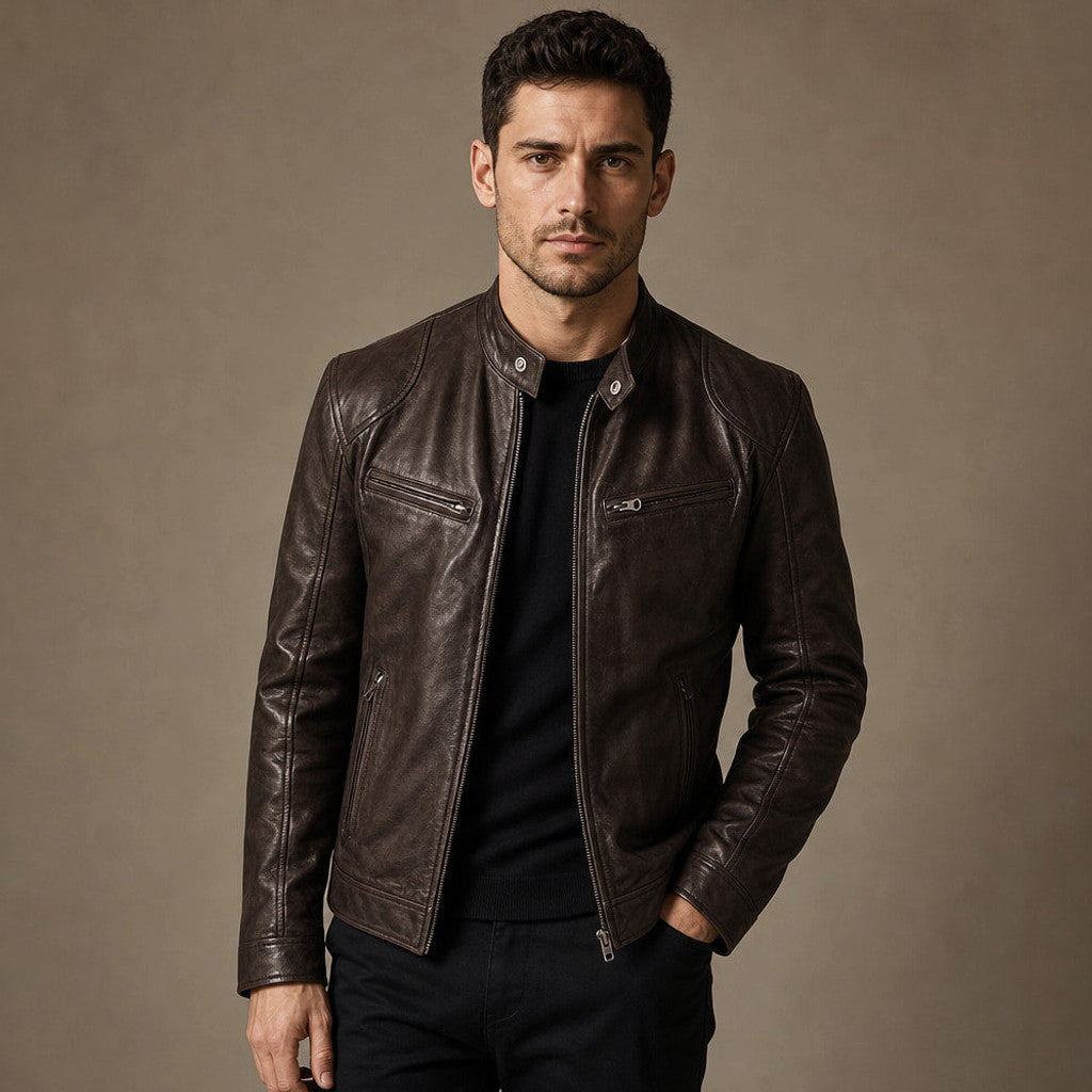 Samson | Leather Jacket Slim Fit Stand Collar in Dark Brown – Premium Editorial