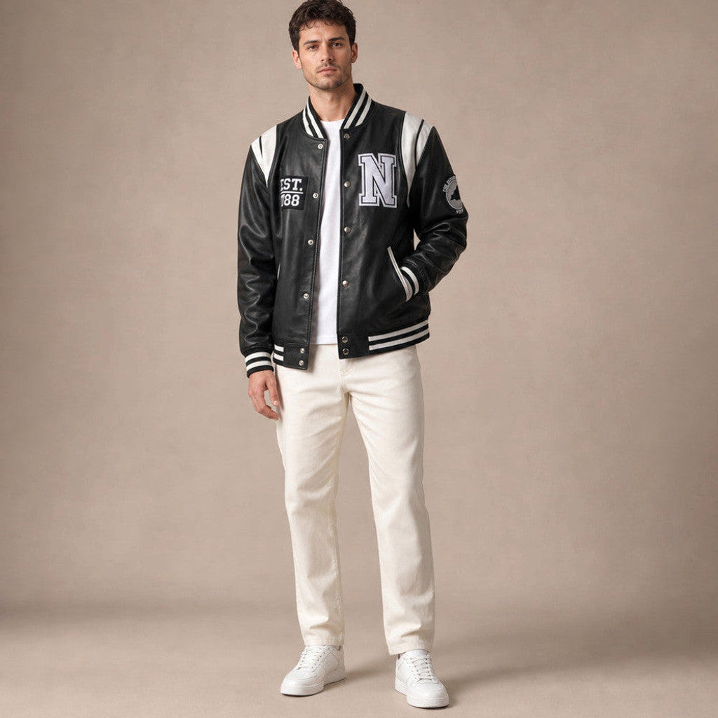 Sawyer | Varsity Jacket Sheepskin Leather Two-Tone – Product Photo