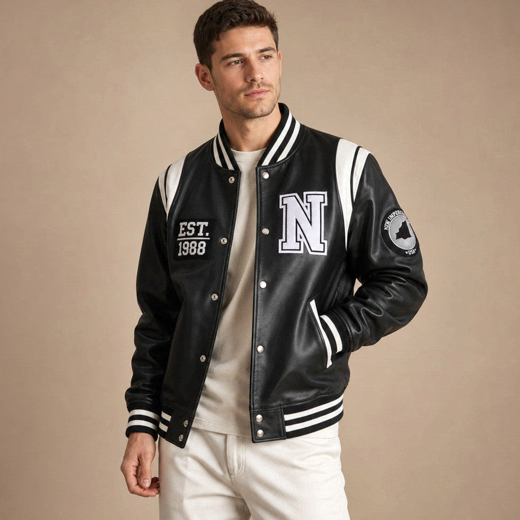 Sawyer | Varsity Jacket Sheepskin Leather Two-Tone – Product Photo