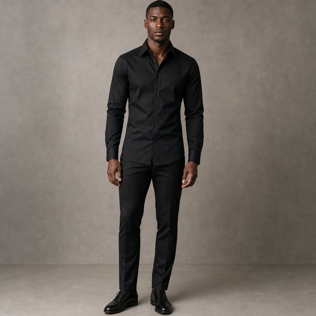 Slim Fit Stretch Dress Shirt Long Sleeve Button Front in White Black – Product Photo