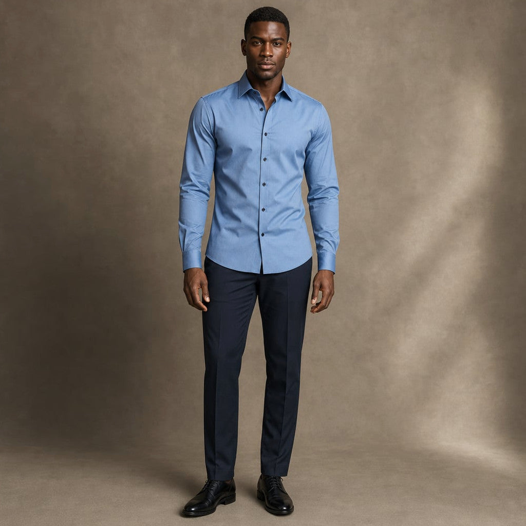 Slim Fit Stretch Dress Shirt Long Sleeve Button Front in White Blue – Product Photo