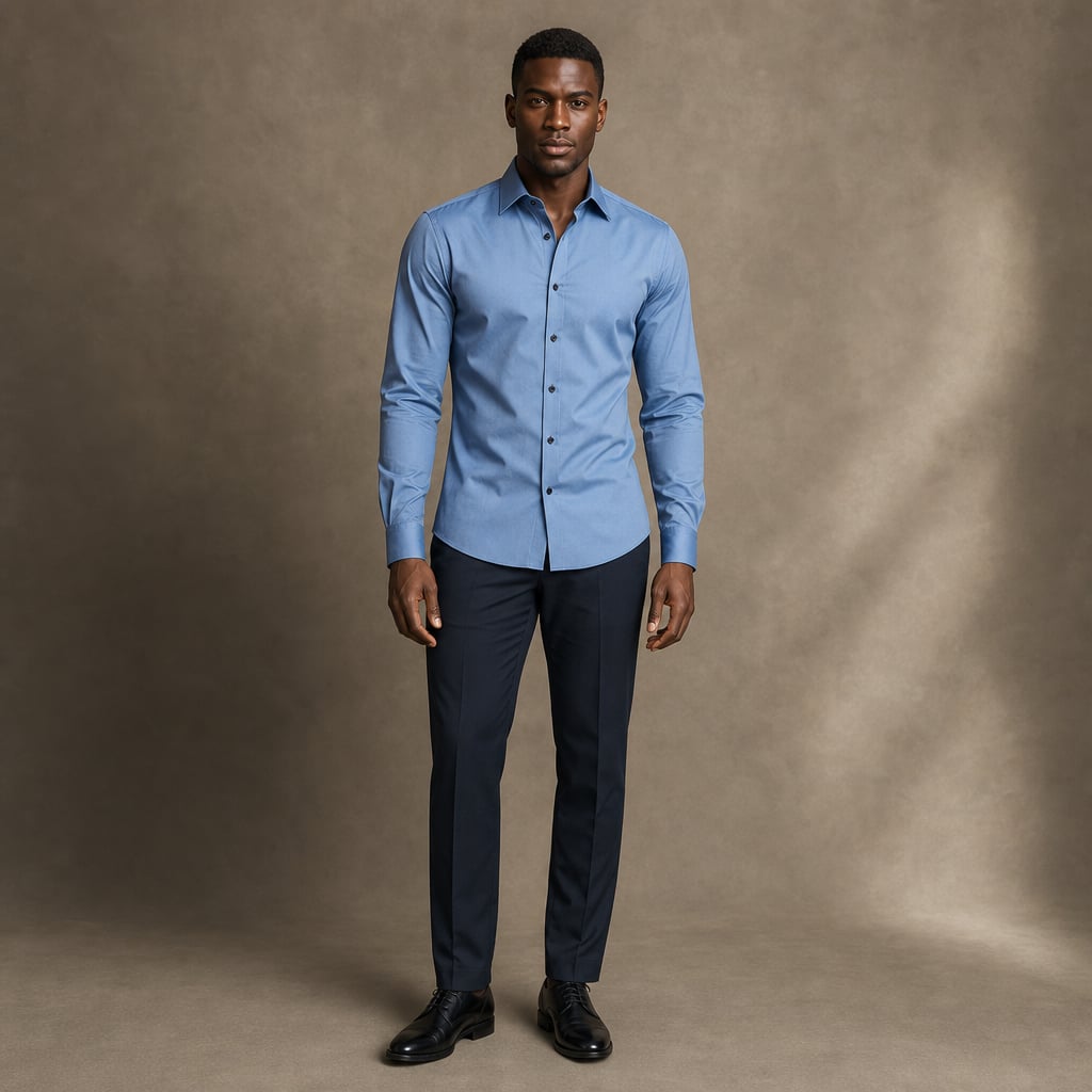 Slim Fit Stretch Dress Shirt Long Sleeve Button Front in White Blue – Product Photo
