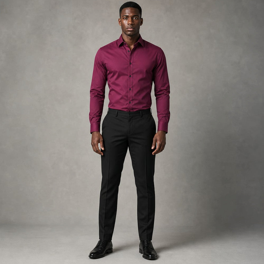 Slim Fit Stretch Dress Shirt Long Sleeve Button Front in White Burgundy – Product Photo