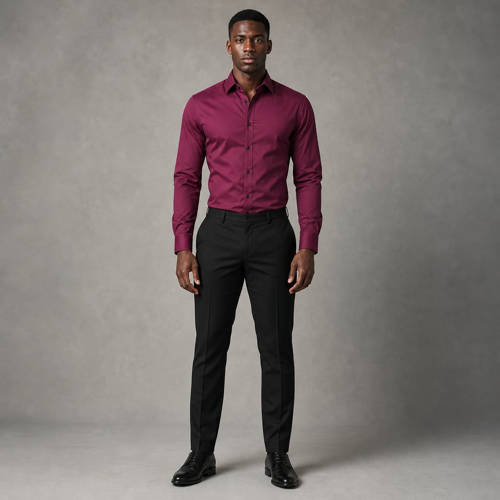 Slim Fit Stretch Dress Shirt Long Sleeve Button Front in White Burgundy – Product Photo