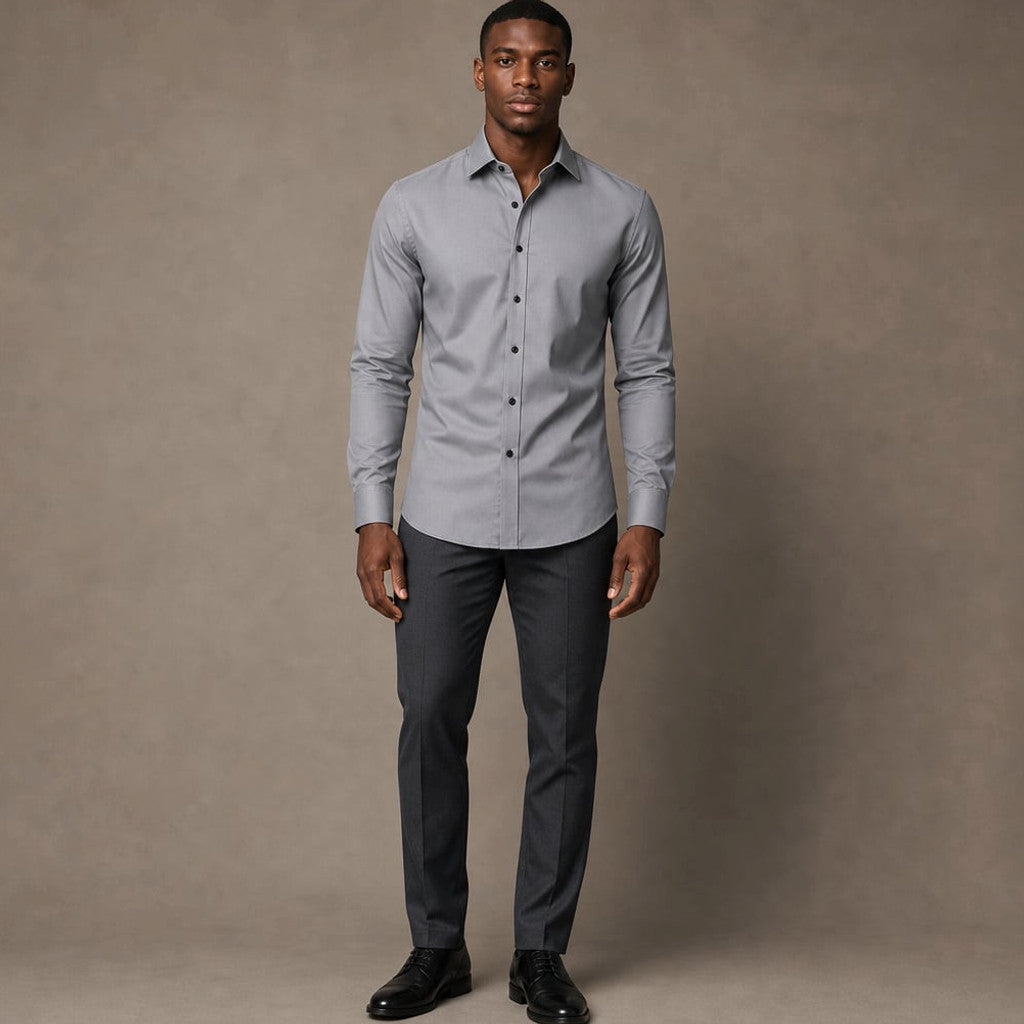 Slim Fit Stretch Dress Shirt Long Sleeve Button Front in White Gray – Product Photo