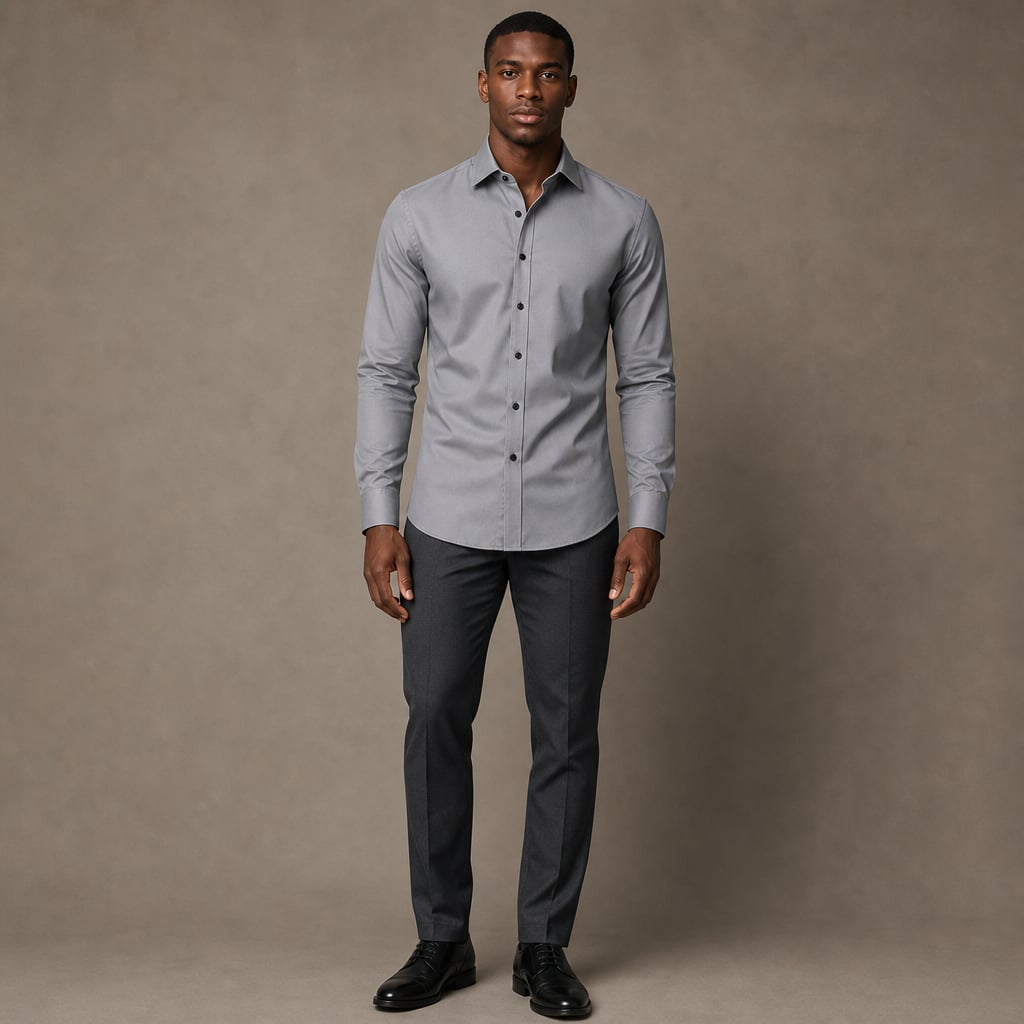 Slim Fit Stretch Dress Shirt Long Sleeve Button Front in White Gray – Product Photo