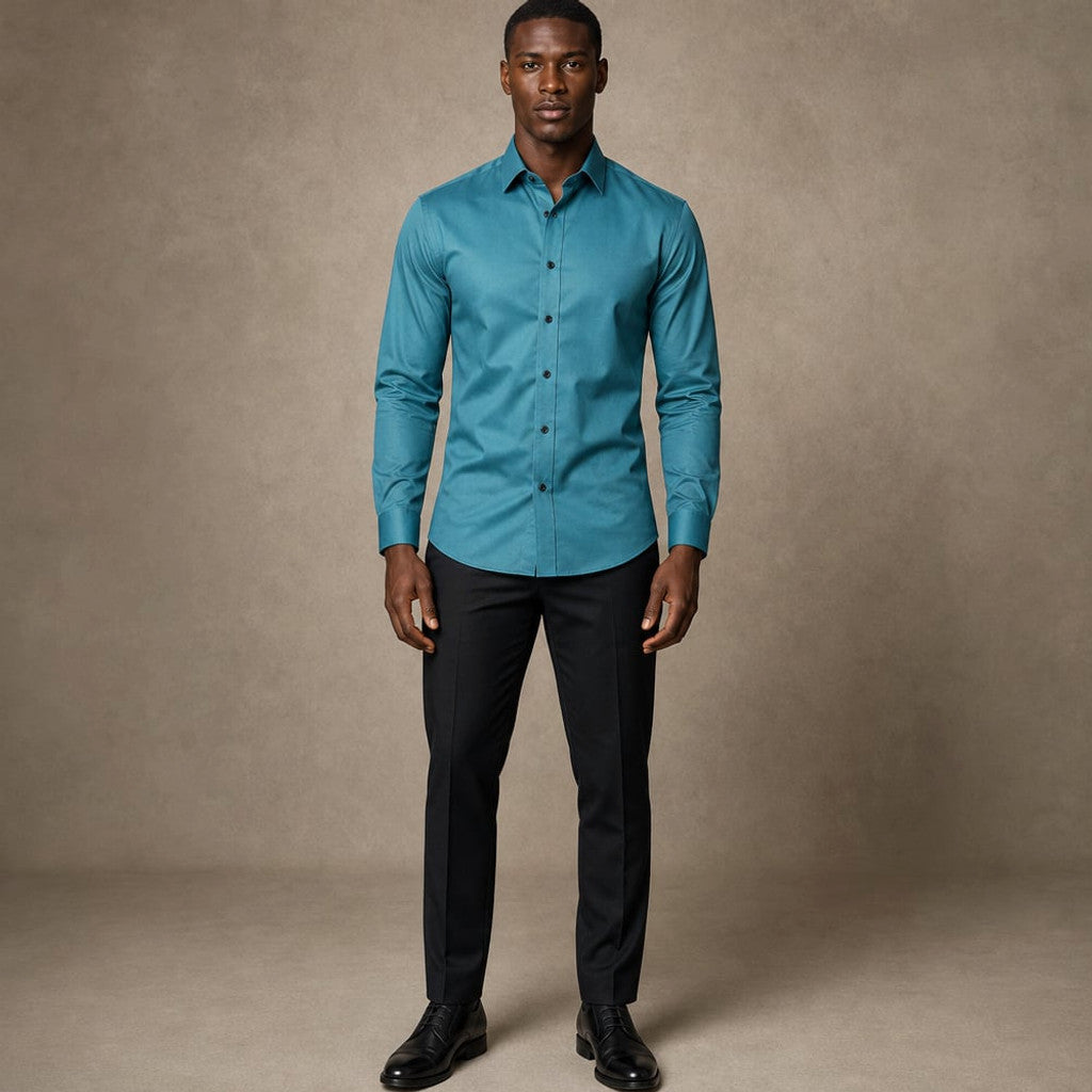 Slim Fit Stretch Dress Shirt Long Sleeve Button Front in White Green – Product Photo