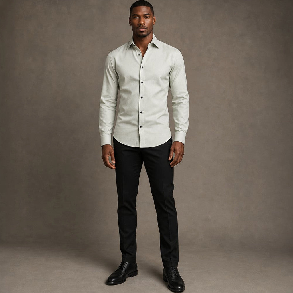Slim Fit Stretch Dress Shirt Long Sleeve Button Front in White Light Green – Product Photo