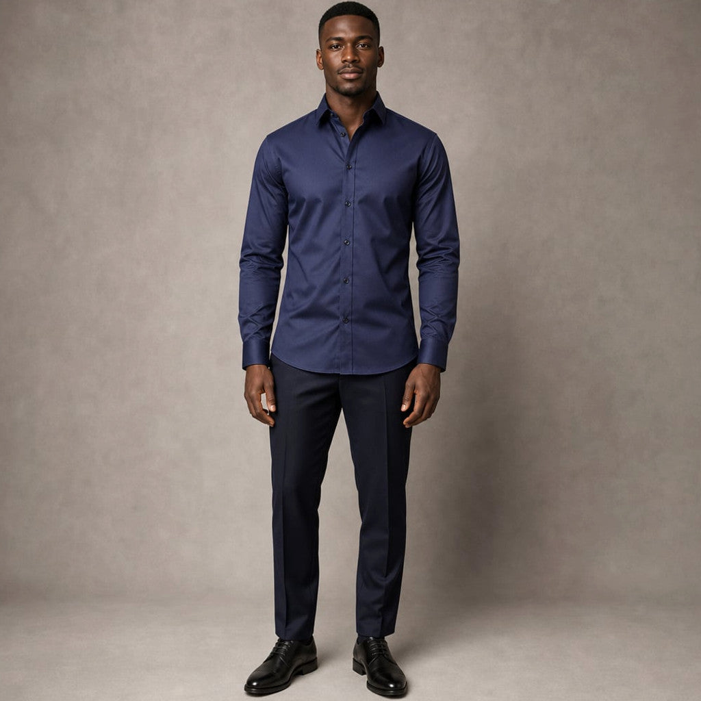 Slim Fit Stretch Dress Shirt Long Sleeve Button Front in White Navy – Product Photo