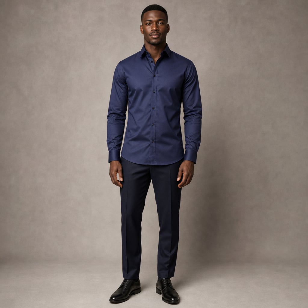 Slim Fit Stretch Dress Shirt Long Sleeve Button Front in White Navy – Product Photo