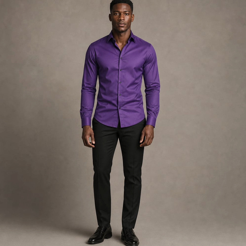 Slim Fit Stretch Dress Shirt Long Sleeve Button Front in White Purple – Product Photo