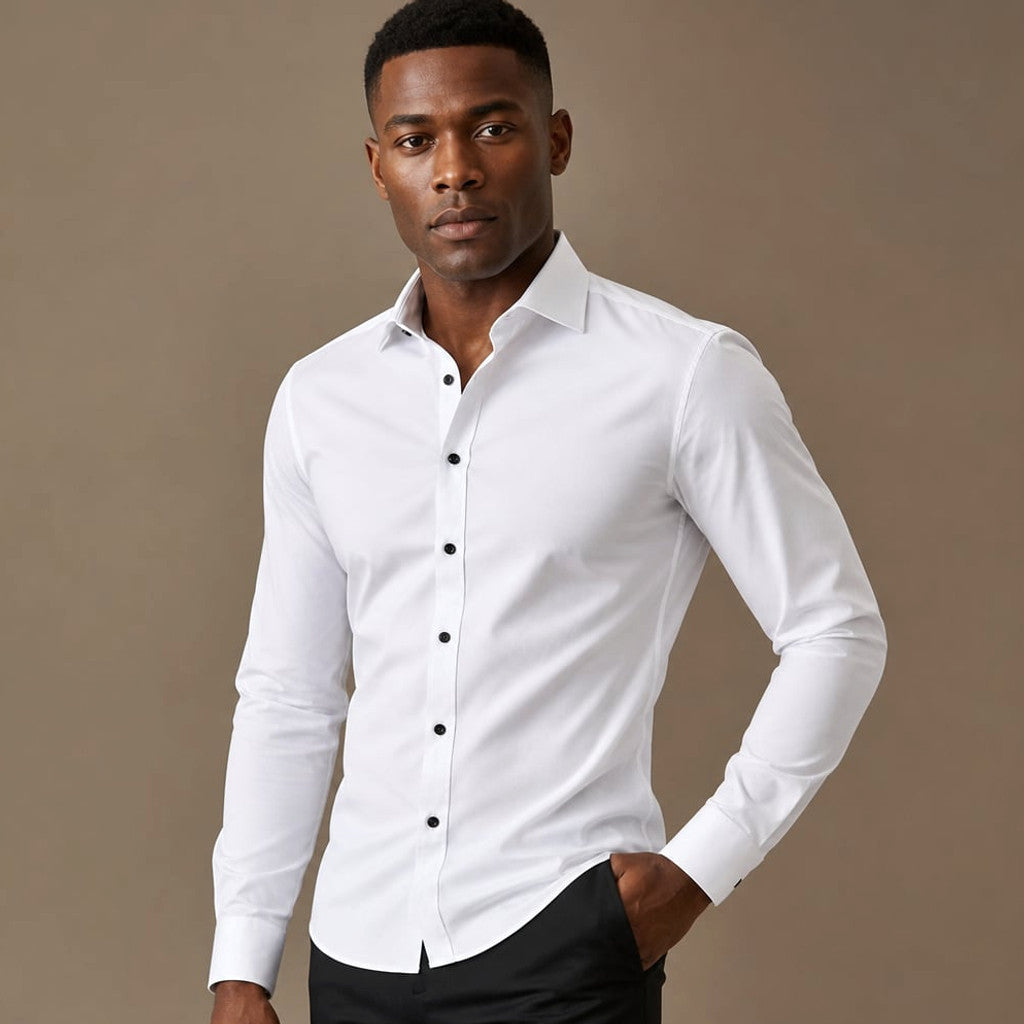 Slim Fit Stretch Dress Shirt Long Sleeve Button Front in White White – Side Angle View