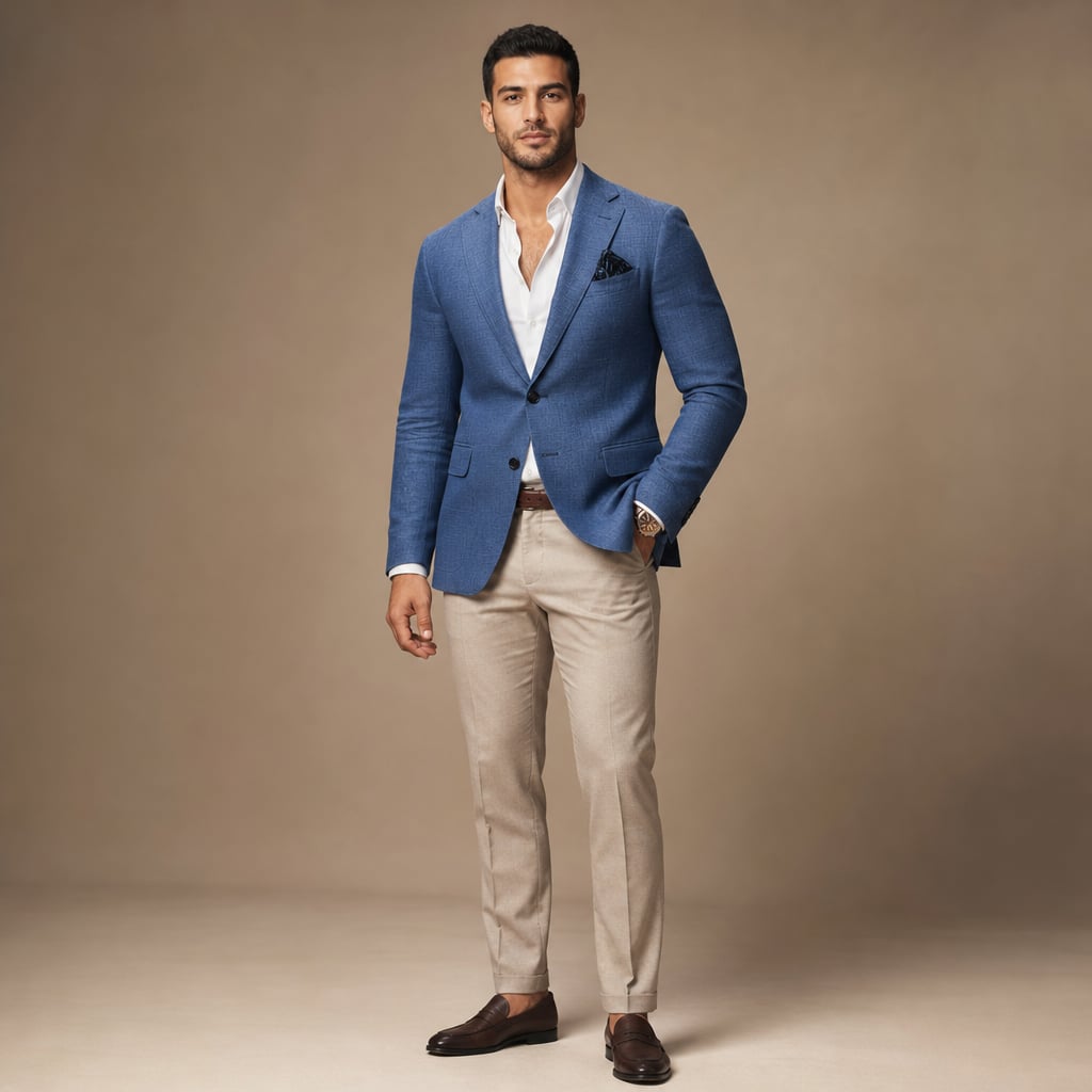 Slim-Fit Structured Woven Blazer Single Button Two Pockets Blue – Product Photo