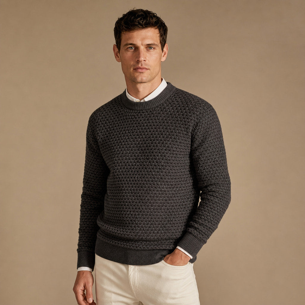 Crew Neck Jumper Honeycomb Knit Dark Gray – Side Angle View